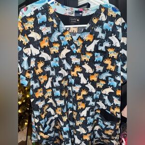 L Cute Dog Print Scrub Top